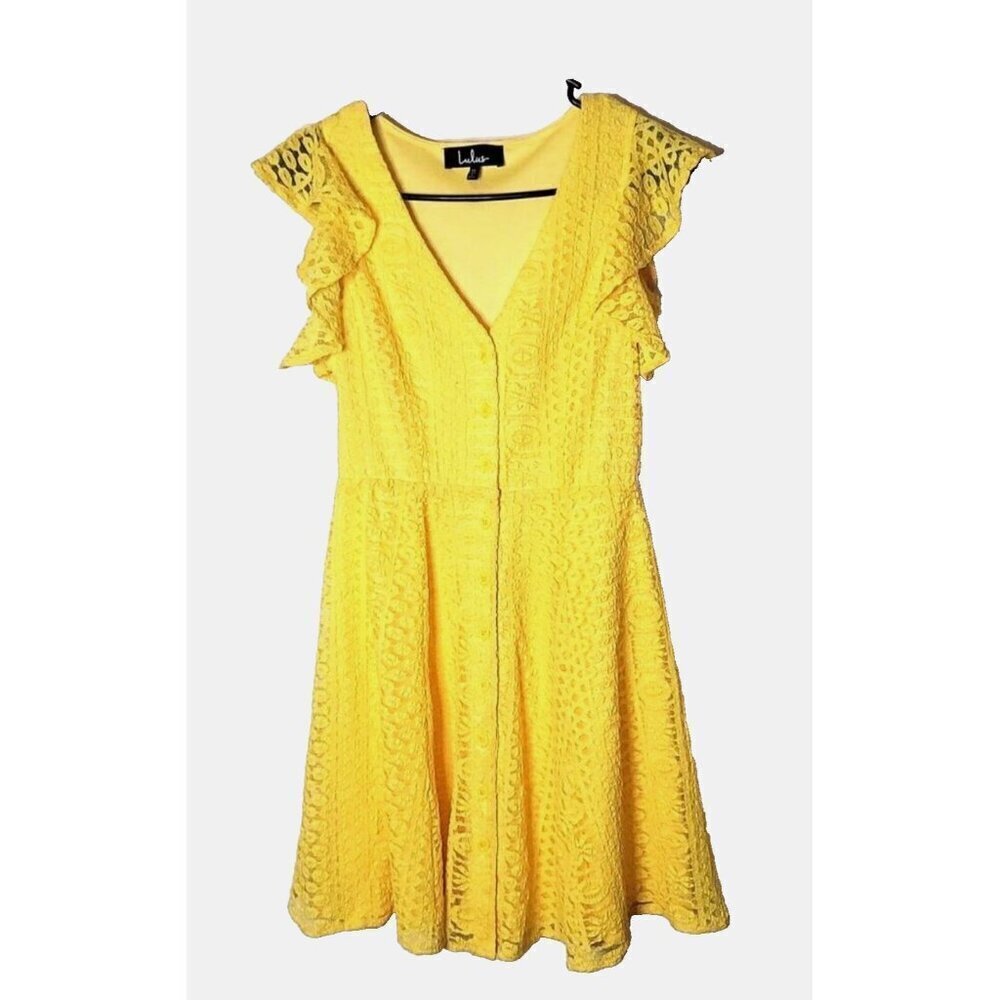 Lulus Womens sz XS Athena yellow lace skater button down dress knee embroidery